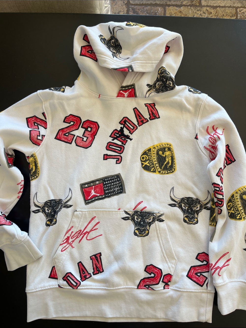 Jordan kids White Graphic Hoodie with Red and Black Accents M